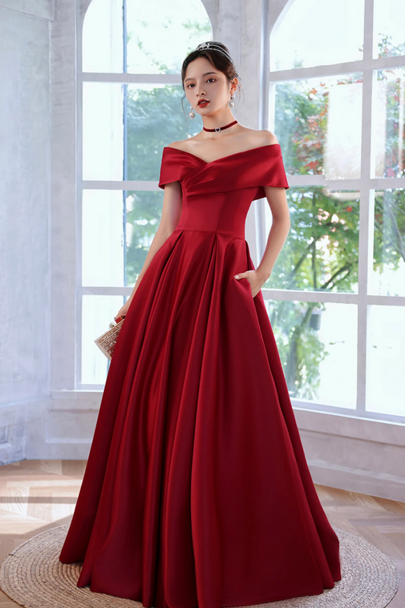 Red Satin A Line Floor Length Prom Dress, Red Off Shoulder Evening Dress APP0952