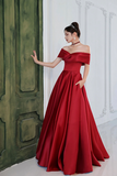 Red Satin A Line Floor Length Prom Dress, Red Off Shoulder Evening Dress APP0952
