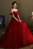 Burgundy Tulle Beaded Long Prom Dress, A Line Off the Shoulder Evening Dress APP0953