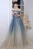 Blue Gradient Beaded Tulle Long Formal Dress, Blue A Line Prom Dress APP0954