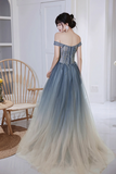 Blue Gradient Beaded Tulle Long Formal Dress, Blue A Line Prom Dress APP0954