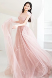 Pink Tulle Long A Line Prom Dresses, Pink Evening Dresses APP0955