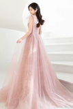 Pink Tulle Long A Line Prom Dresses, Pink Evening Dresses APP0955
