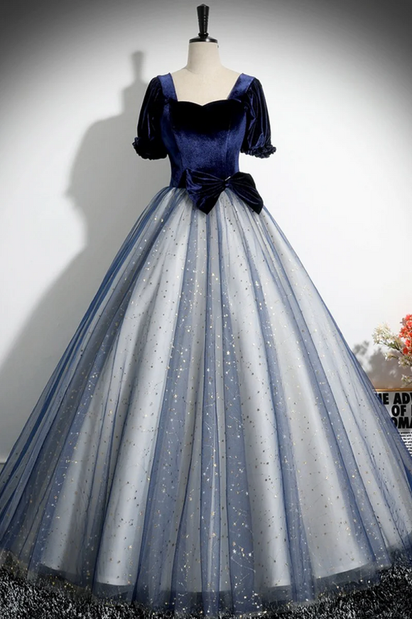 Blue Velvet Tulle Long Prom Dress, A Line Short Sleeve Evening Party Dress APP0957