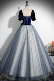 Blue Velvet Tulle Long Prom Dress, A Line Short Sleeve Evening Party Dress APP0957