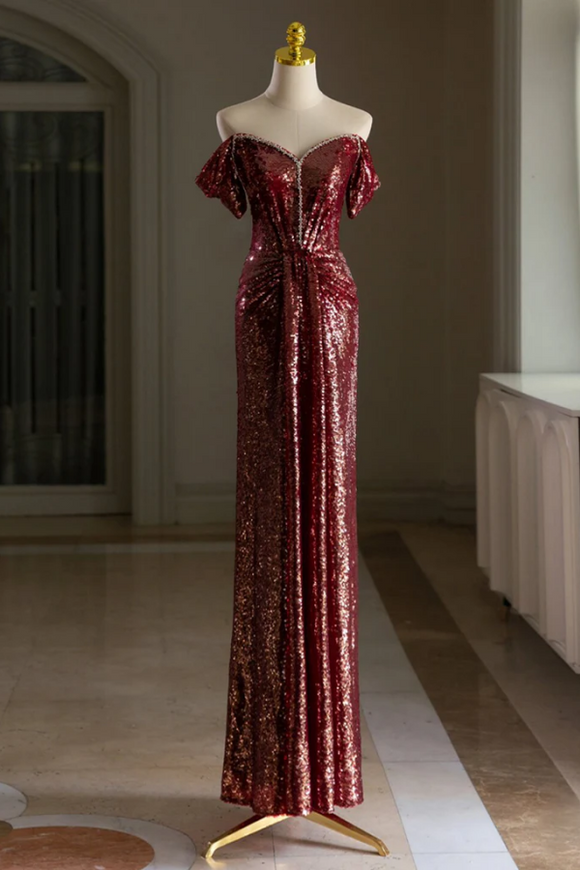Simple Off Shoulder Sequin Burgundy Long Prom Dress, Burgundy Long Evening Dress APP0958