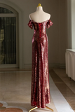 Simple Off Shoulder Sequin Burgundy Long Prom Dress, Burgundy Long Evening Dress APP0958