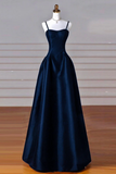 Simple A Line Dark Blue Satin Long Prom Dress, Dark Blue Long Formal Dress APP0959
