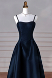 Simple A Line Dark Blue Satin Long Prom Dress, Dark Blue Long Formal Dress APP0959