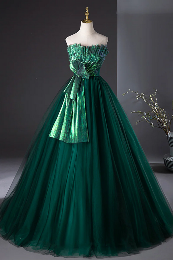 Dark Green Strapless Tulle Long Prom Dress, Beautiful A Line Formal Ev Anneprom Dark Green Strapless Tulle Long Prom Dress, Beautiful A Line Formal Ev Anneprom