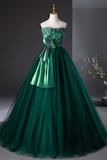 Dark Green Strapless Tulle Long Prom Dress, Beautiful A Line Formal Evening Dress APP0960