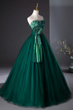 Dark Green Strapless Tulle Long Prom Dress, Beautiful A Line Formal Evening Dress APP0960