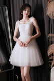 A Line Tulle Beads White Short Prom Dress, White Homecoming Dress APP0961