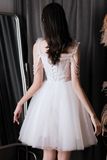A Line Tulle Beads White Short Prom Dress, White Homecoming Dress APP0961