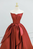 Burgundy Strapless Satin Long Prom Dress, Beautiful A Line Evening Party Dress APP0962