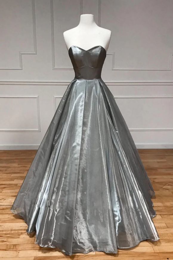 Simple sweetheart neck satin gray long prom dress gray formal party dress APP0963