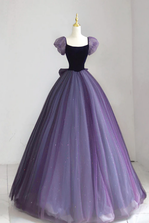 A Line Puff sleeves Tulle Velvet Purple Long Prom Dress, Purple Long Formal Dress APP0966