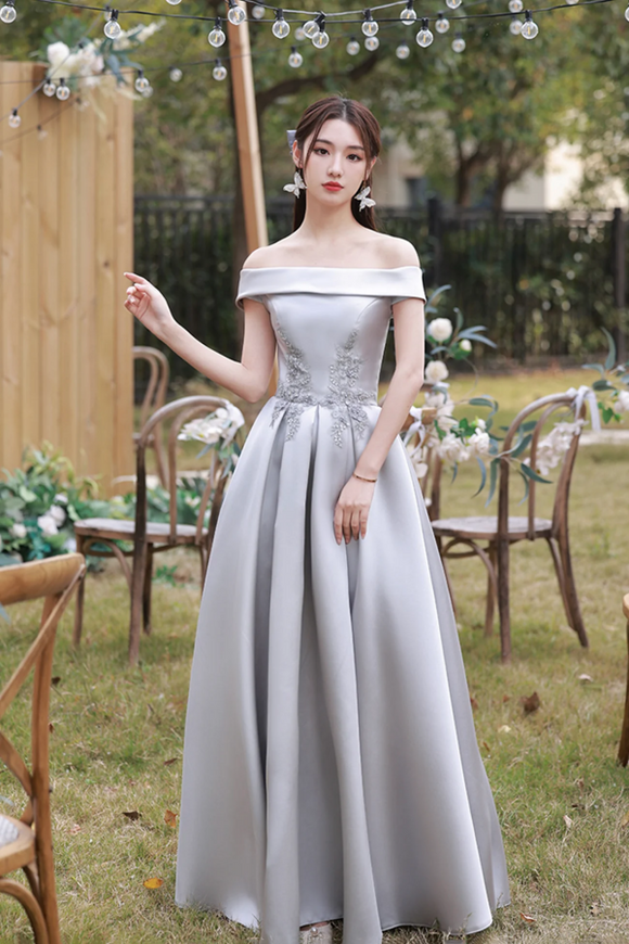 Gray Saitn Lace Long Prom Dress, A Line Evening Dress APP0968