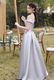 Gray Saitn Lace Long Prom Dress, A Line Evening Dress APP0968