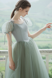 Cute Tulle Long Prom Dresses, A Line Short Sleeve Graduation Dresses APP0969