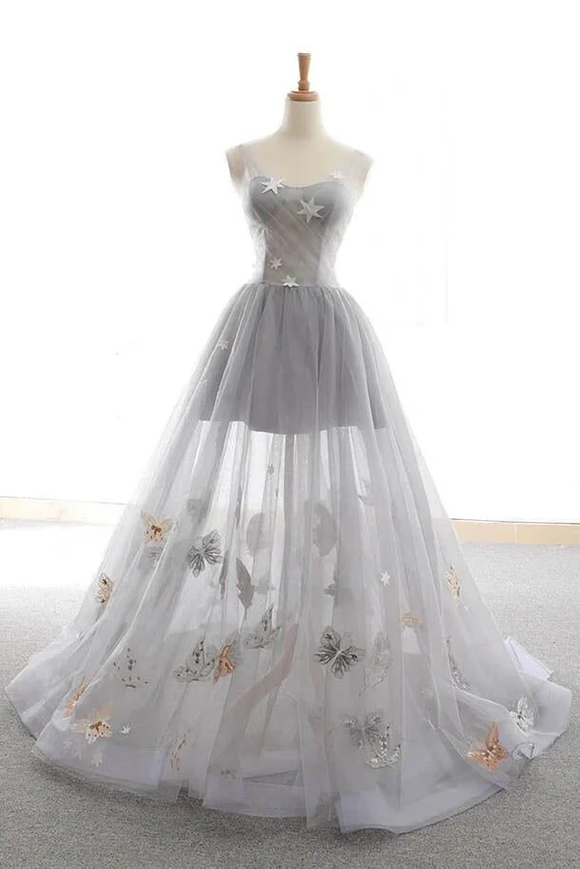 Cute Gray Tulle Star Butterfly Prom Dress Long Lace Up Party Gown APP0970