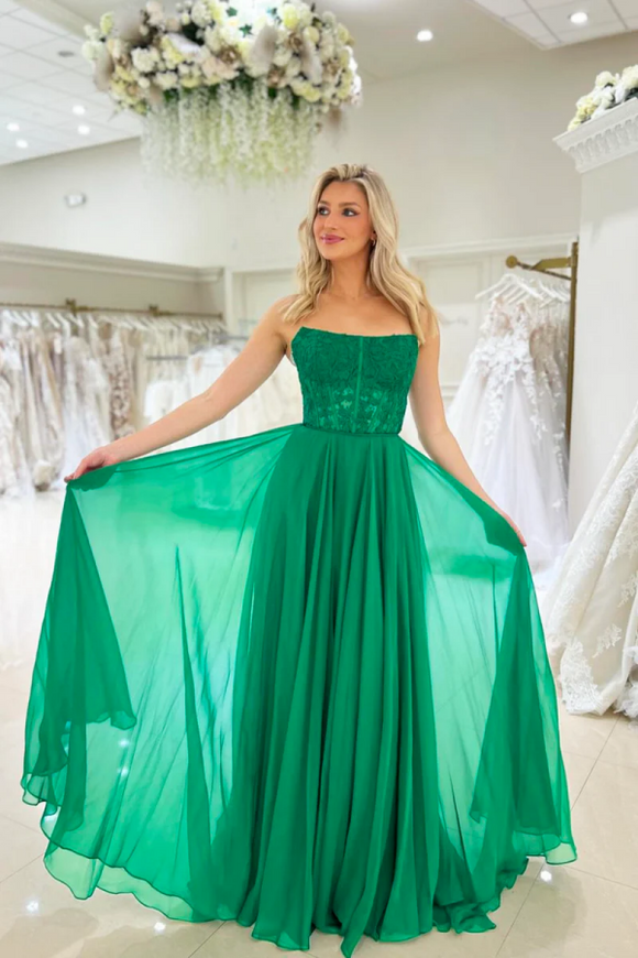 A Line Green Chiffon Lace Long Prom Dress, Strapless Floor Length Dress APP0971