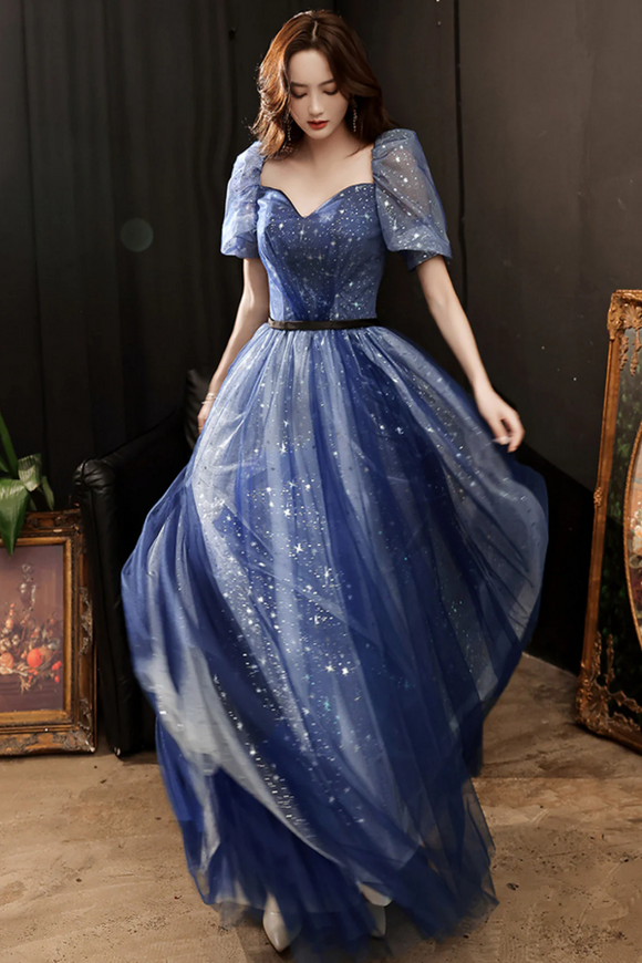 A Line Navy Blue Tulle Long Party Dress, Navy Blue Sweetheart Prom Dress APP0973