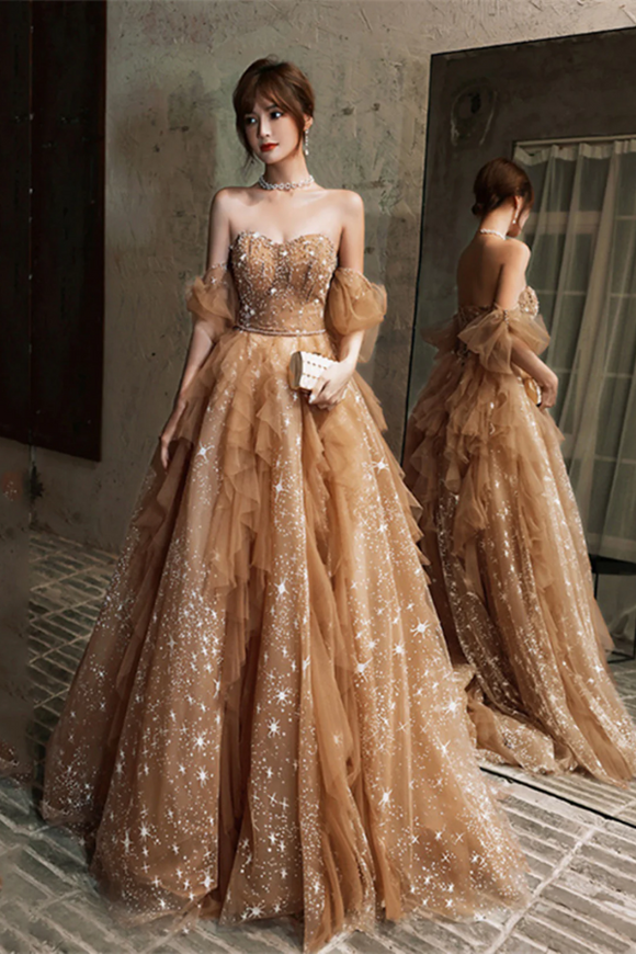Champagne A Line Beaded Tulle Long Tulle Prom Dress, Champagne Evening Dress APP0975