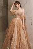 Champagne A Line Beaded Tulle Long Tulle Prom Dress, Champagne Evening Dress APP0975