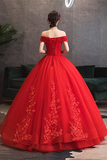 Red Tulle Ball Gown With Lace Sweetheart Long Formal Dress, Red Tulle Evening Dress APP0976