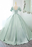 Green Satin Lace Long Prom Dress, Beautiful A Line Short Sleeve Evening Party Dress APP0977