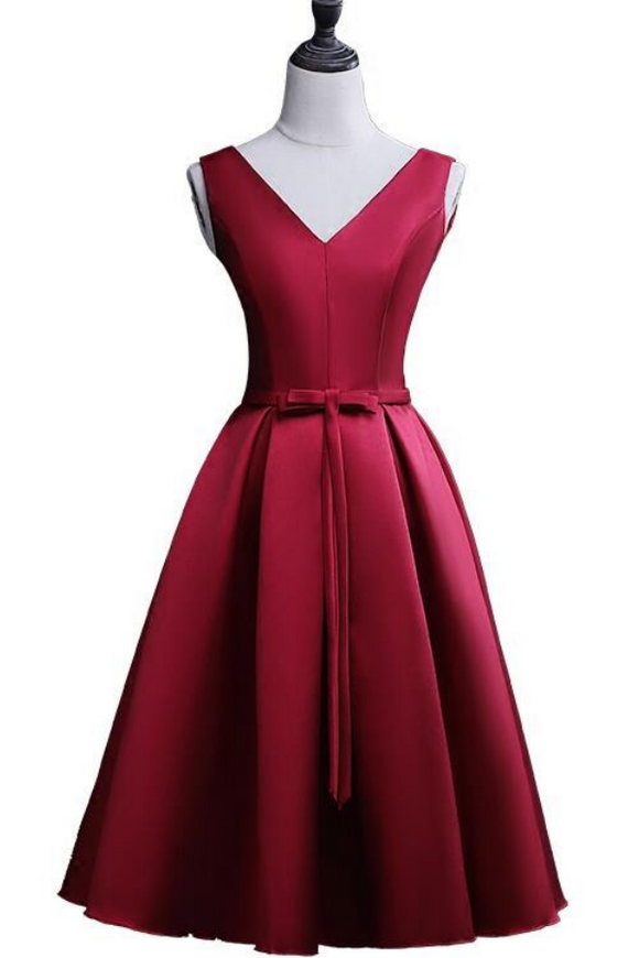 Dark Red Satin Short Homecoming Dress, Lovely Bridesmaid Dress APH0257