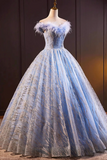 Blue Tulle Sequins Long A Line Prom Dress with Feather, Off the Shoulder Evening Party Dress APP0978