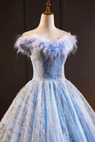 Blue Tulle Sequins Long A Line Prom Dress with Feather, Off the Shoulder Evening Party Dress APP0978