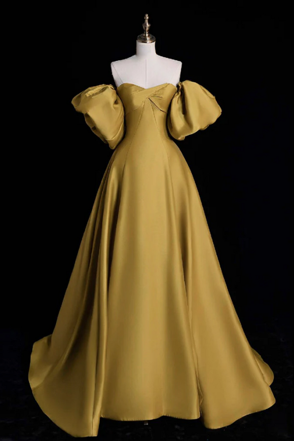 A Line Sweetheart Neck Satin Gold Long Prom Dress, Gold Long Formal Dress APP0979