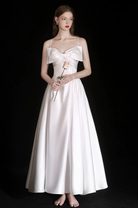 Cute Satin Tea Length Prom Dress, White Spaghetti Strap A Line Evening Party Dress APP0981