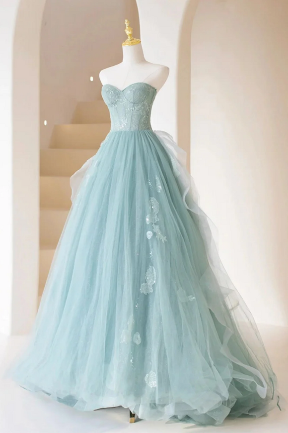 A Line Tulle Strapless Long Prom Dress, A Line Tulle Formal Evening Dress APP0982