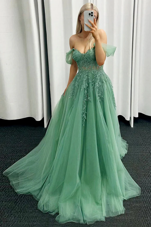 A Line Off Shoulder Tulle Lace Green Long Prom Dress, Green Long Formal Dress APP0983