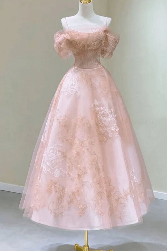 Princess Tea Length Floral Lace Tulle Prom Party Dress, Pink Graduation Dress APP0984