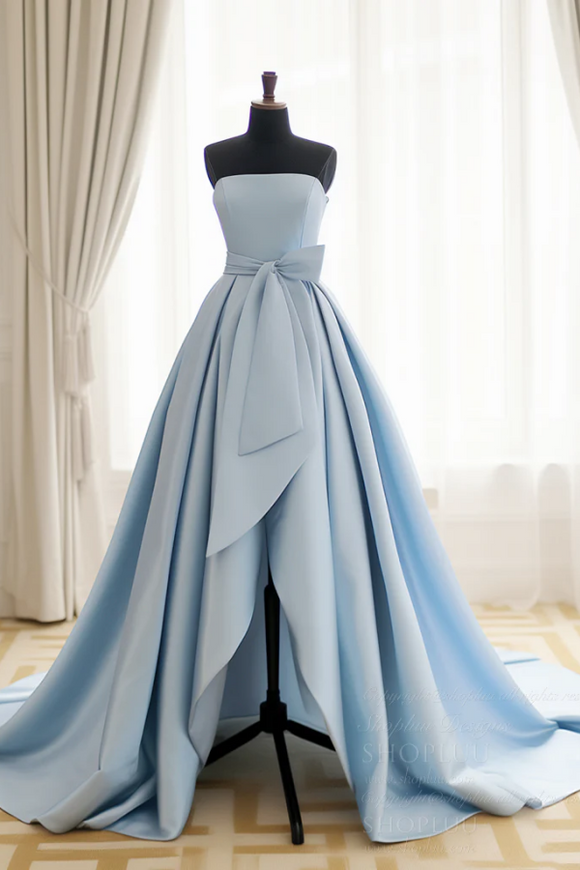 A Line Satin Blue Long Prom Dress, Blue Satin Long Formal Dress APP0985