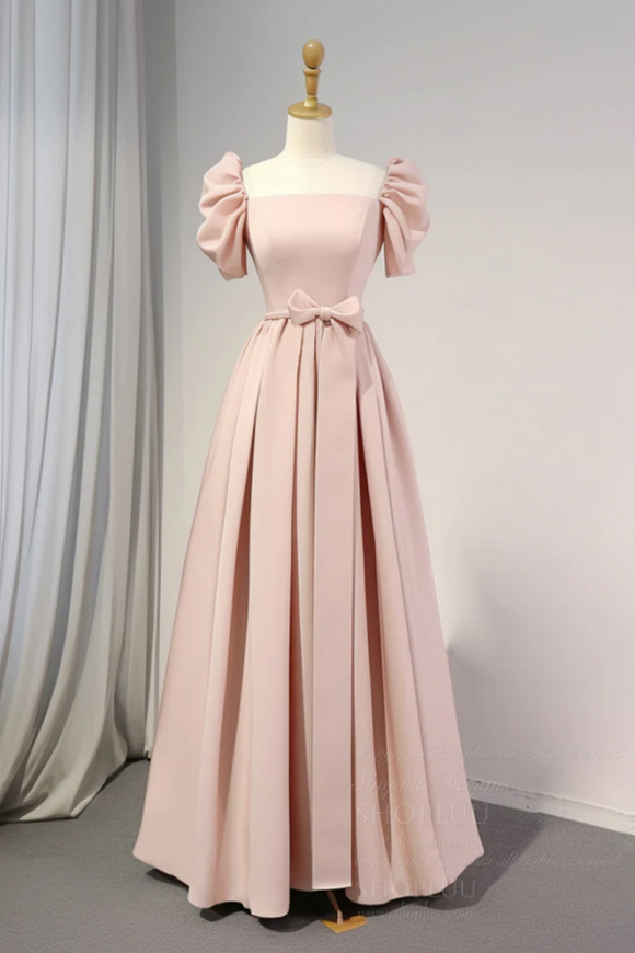A Line Puff Sleeves Satin Pink Long Prom Dress, Pink Long Bridesmaid Dress APP0992