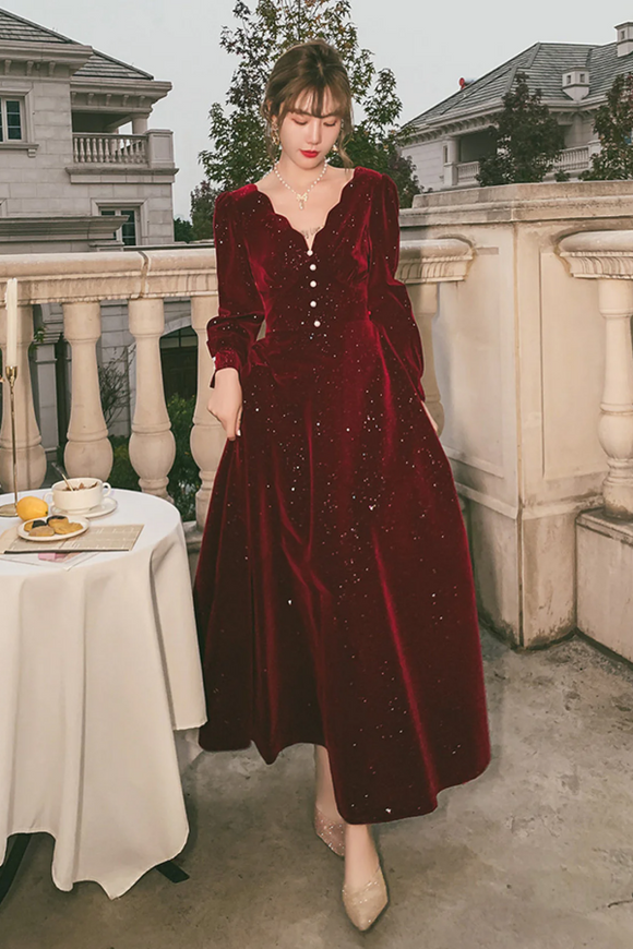 Wine Red Velvet Tea Length Long Sleeves Party Dress, Wine Red Homecoming Dress APP0993