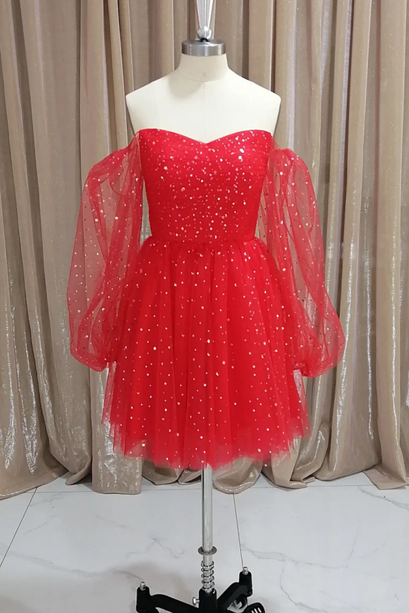 Red Tulle Long Puffy Sleeves Short Prom Dress, Red Tulle Homecoming Dress APH0261