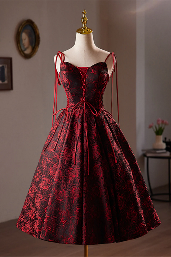 Wine Red Floral Satin Straps Knee Length Party Dress, Wine Red Homecom – Anneprom