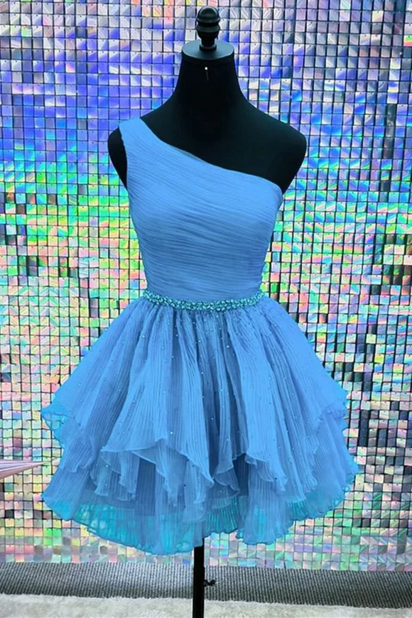 Shiny One Shoulder Blue Tulle Short Prom Dresses with Belt, Homecoming Anneprom Shiny One Shoulder Blue Tulle Short Prom Dresses with Belt, Homecoming Anneprom