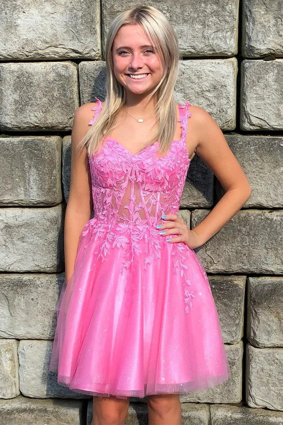 Cute A Line Pink Lace Short Prom Dresses, Pink Lace Homecoming Dresses Anneprom Cute A Line Pink Lace Short Prom Dresses, Pink Lace Homecoming Dresses Anneprom