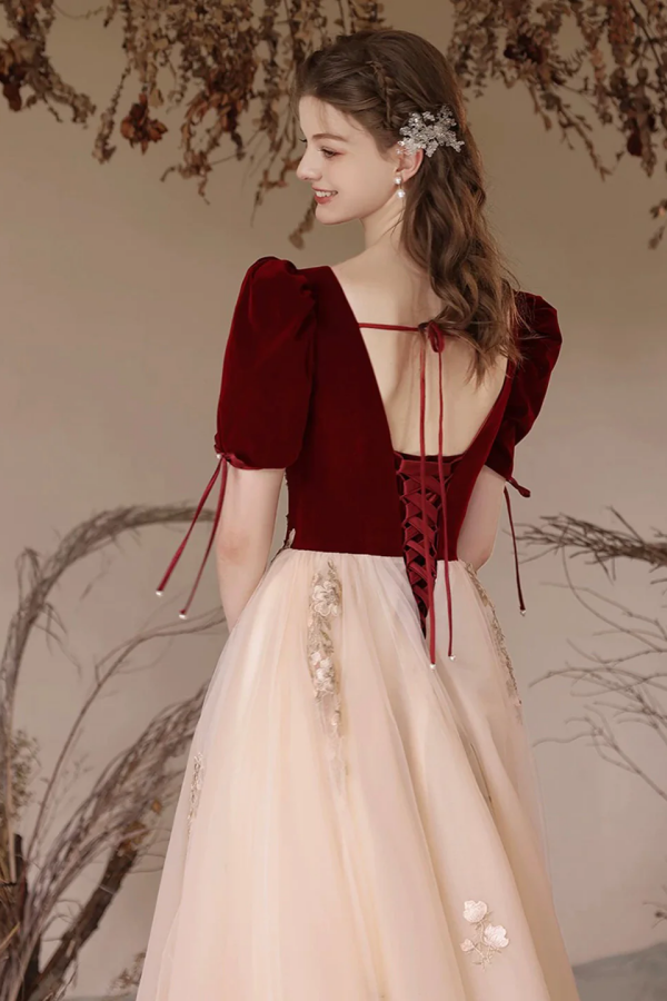 Short Sleeve Burgundy Dress V-Neck Short Sleeves Ruffles Velvet Mother of  the Groom Dress