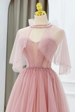 A light pink formal gown displayed on a mannequin dress form. The dress features a sheer mesh high-neck collar with a matching sheer capelet overlay, a fitted corset-style bodice, and a voluminous tulle skirt.
