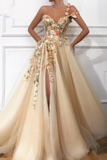Beautiful One Shoulder A Line Tulle Prom Dresses With Flowers