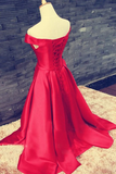 Anneprom Off Shoulder Floor Length Satin Red Prom/Evening Dress With Belt APP0063